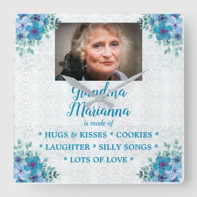 Horloge Carrée Fleurs "De quoi est faite grand-mère" (Recto)