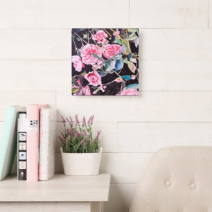 Horloge Carrée Fleurs de roseau à l'aquarelle rose peinture flora