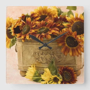 Horloge Carrée Fleurs De Soleil Orange Dans Panier En Tin