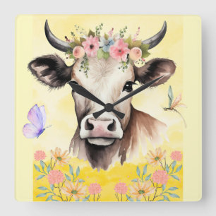 Horloge Carrée Fleurs de vache aquarelle dans un pré