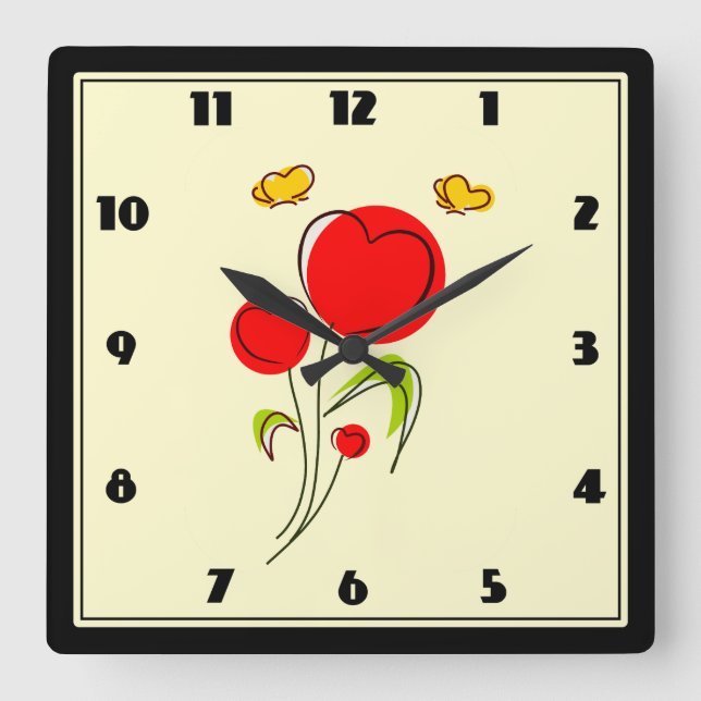 Horloge Carrée Fleurs du Coeur Rouge mignons et papillons jaunes (Recto)