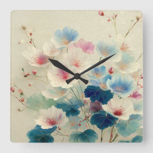 Horloge Carrée Fleurs en fleurs – Art botanique pastel doux #1