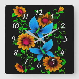 Horloge Carrée Fleurs et papillons