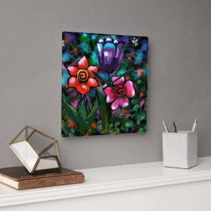 Horloge Carrée Fleurs florales blanches bleu rose