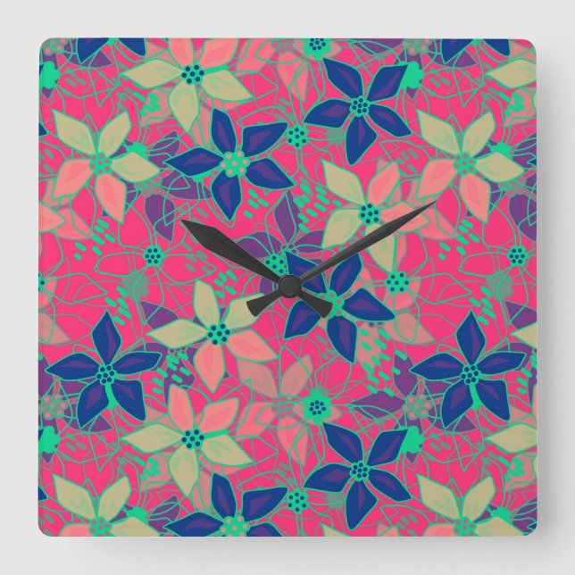 Horloge Carrée Fleurs florales invisibles motif rouge d'été brill (Recto)
