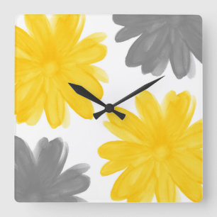 Horloge Carrée Fleurs jaunes et grises d'aquarelle