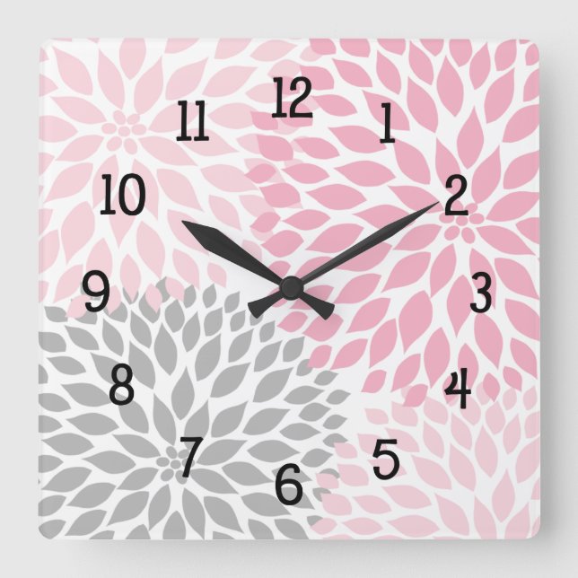 Horloge Carrée Fleurs modernes Dahlia rose et gris (Recto)