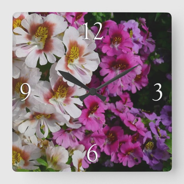 Horloge Carrée Fleurs papillon rose blanc et violet (Recto)