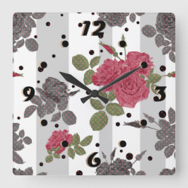 Horloge Carrée Fleurs rayées rouges rustiques gris gris gris