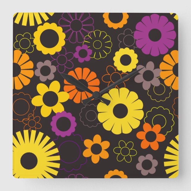 Horloge Carrée Fleurs rétro jaunes oranges et violettes (Recto)