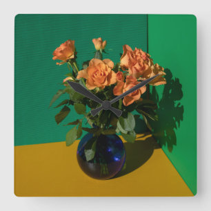 Horloge Carrée Fleurs   Roses dans Vase