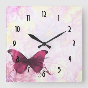 Horloge Carrée Fleurs roses et jaunes d'aquarelle avec le