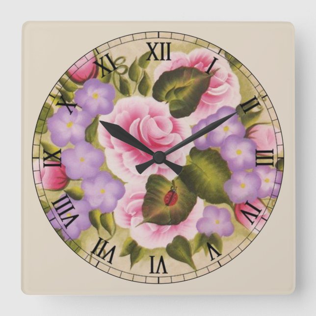 Horloge Carrée Fleurs roses et violettes et une poule (Recto)