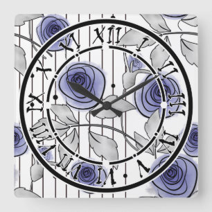 Horloge Carrée Fleurs roses modernes Abstraites violet gris blanc