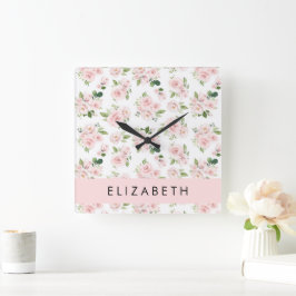 Horloge Carrée Fleurs roses, Roses, Fleurs Aquarelles, Votre Nom