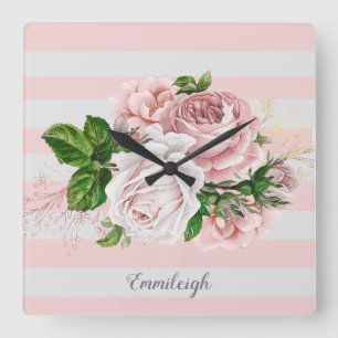 Horloge Carrée Fleurs roses vintage rayées 