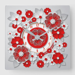 Horloge Carrée Fleurs rouges