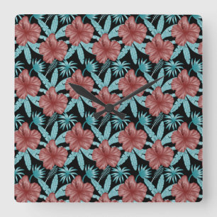 Horloge Carrée Fleurs rouges tropicales sans coutures motif et fe