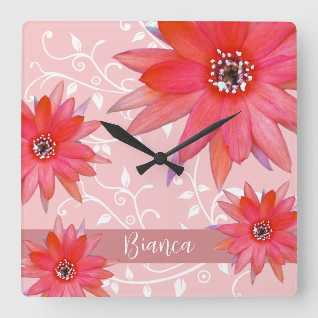 Horloge Carrée Fleurs rouges Whimsical Feuilles Tourbillonnant Aj (Recto)
