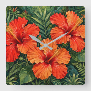 Horloge Carrée Fleurs tropicales de jungle d'hibiscus orange luxu