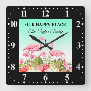 Horloge Carrée Fleurs tropicales et design de flamants roses