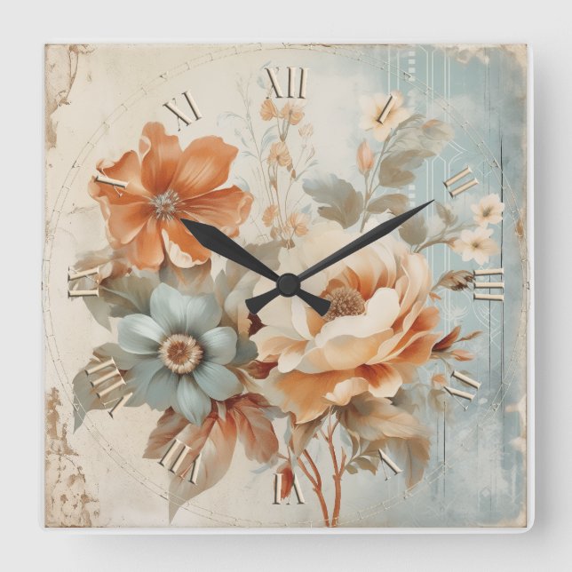 Horloge Carrée fleurs vintage déco (Recto)