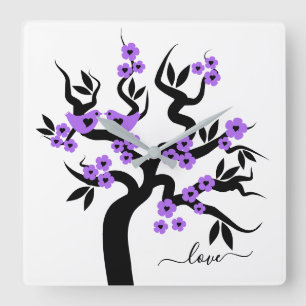Horloge Carrée Fleurs violettes et cerisier Inséparable sakura