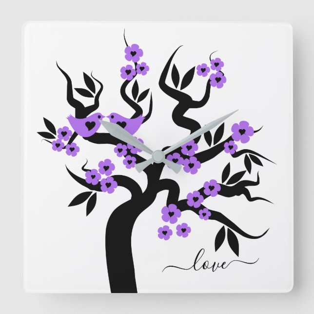 Horloge Carrée Fleurs violettes et cerisier Inséparable sakura (Recto)