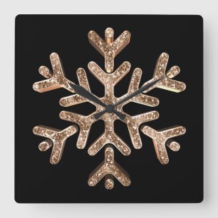 Horloge Carrée Flocon de neige Elegant Noir et Or