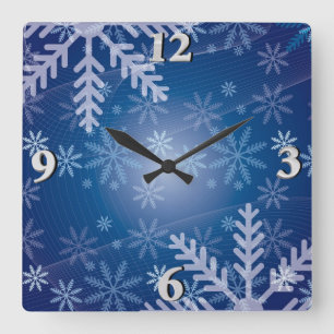 Horloge Carrée Flocons de neige dans le bleu