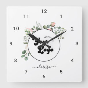 Horloge Carrée Floral Business Company Logo et nom personnalisés 