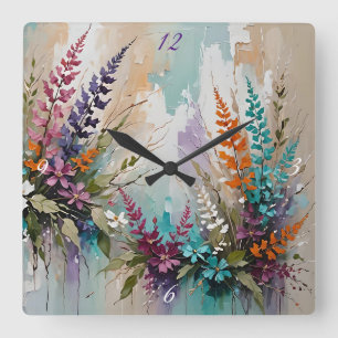 Horloge Carrée Floral coloré sur Bleu Beige Blanc Lavande