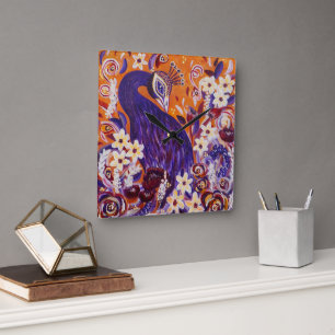 Horloge Carrée Floral de paon fleuri