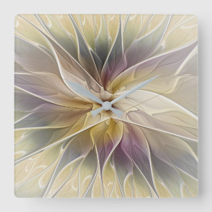 Horloge Carrée Floral Fantasy Gold Aubergine Abstract Fractal Art