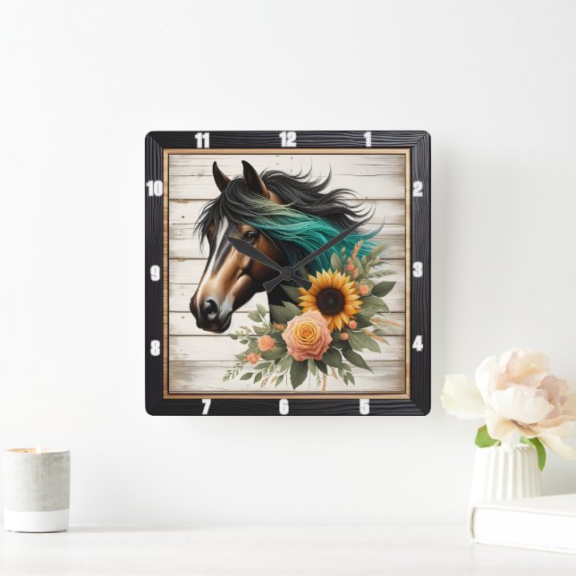 Horloge Carrée Floral Horse Rustique (Maison)
