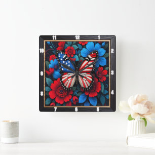 Horloge Carrée Floral papillon patriotique