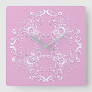 Horloge Carrée Floral retro pink lace design.