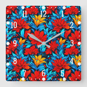 Horloge Carrée Floral Rouge jaune Fleurs Motif-13075
