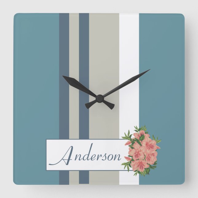 Horloge Carrée Floral Turquoise moderne bleu et bronzé (Recto)