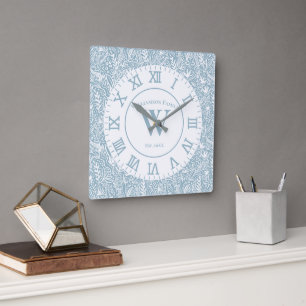 Horloge Carrée Flore bleu et blanc d'ardoise personnalisée