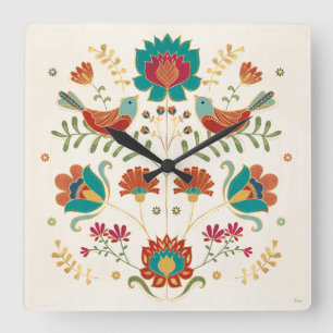 Horloge Carrée Flore Folk Avec Oiseaux