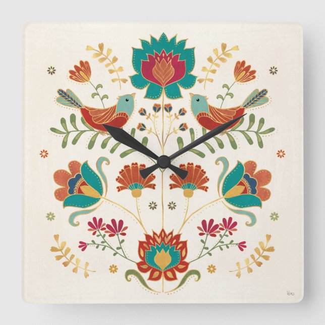 Horloge Carrée Flore Folk Avec Oiseaux (Recto)