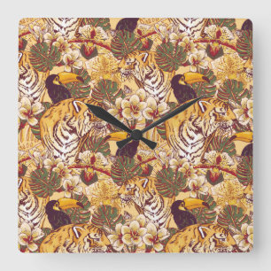 Horloge Carrée Flore tropicale avec tigre