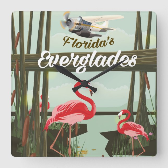 Horloge Carrée Floride Everglades dessin animé poster de voyage (Recto)