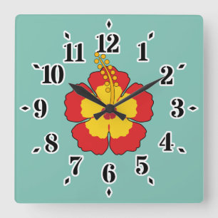 Horloge Carrée Flower rouge hibiscus