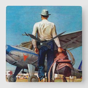 Horloge Carrée Flying cowboy by Mead Schaffer