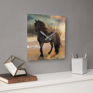 Horloge Carrée Foggy Friesian Morning - Cheval
