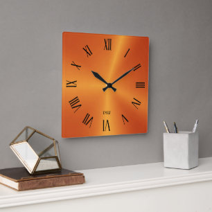 Horloge Carrée Fond de chiffres romains orange métallisé