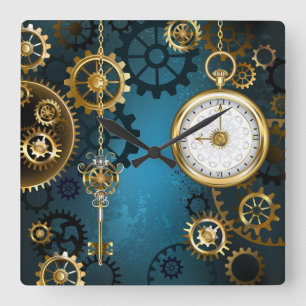 Horloge Carrée Fond turquoise Steampunk avec engrenages