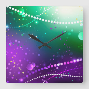 Horloge Carrée Fond violet festif de Mardi Gras